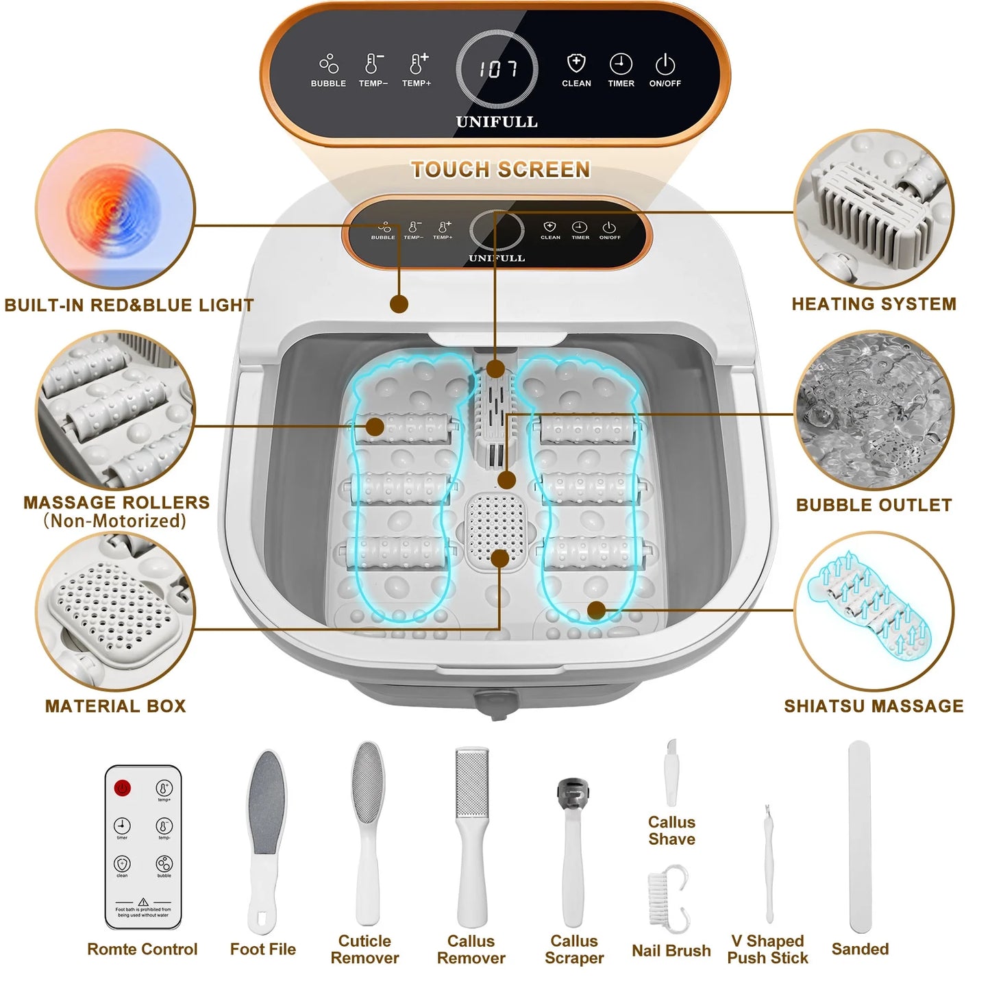 Collapsible Foot Spa Bath with Heat and Massage Rollers, Touch Screen, Bubble, Foot Pedicure Kit, Temperature Control