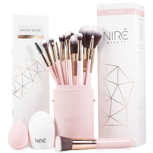 Beauty 15 Piece Award Winning Pink Makeup Brush Set: Cute Vegan Makeup Brushes for Women, Teen Girls & Tweens with Holder Case, Sponge, Cleaner & Guide, Gift Box