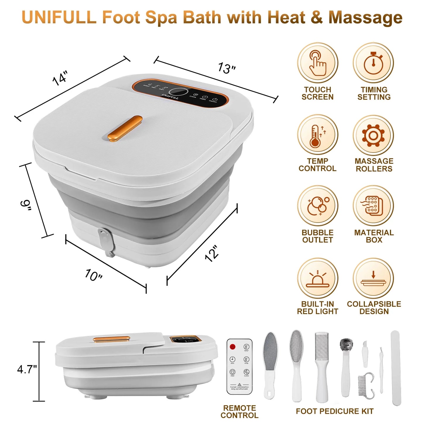 Collapsible Foot Spa Bath with Heat and Massage Rollers, Touch Screen, Bubble, Foot Pedicure Kit, Temperature Control